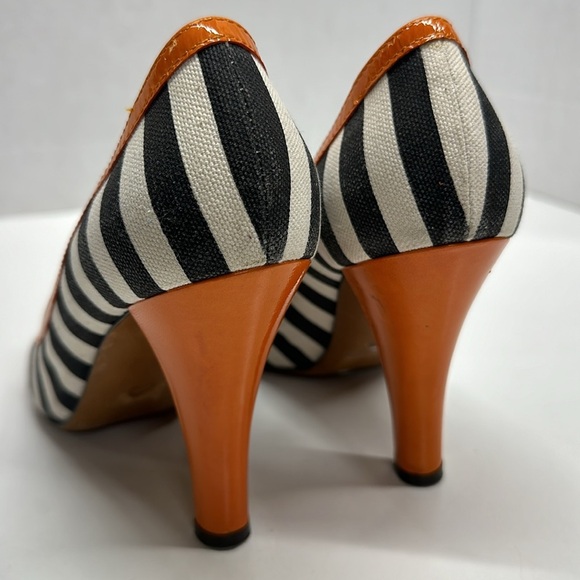 Moschino High Heels Heeled Shoes Peep Toe Bow Striped Black White Orange Size 8 - Picture 6 of 10
